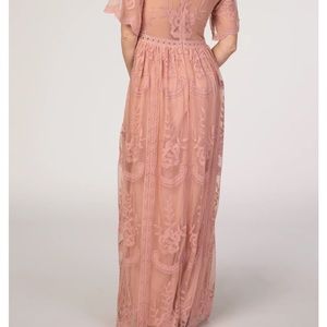 PinkBlush Light Pink Lace Mesh Overlay Maxi Dress